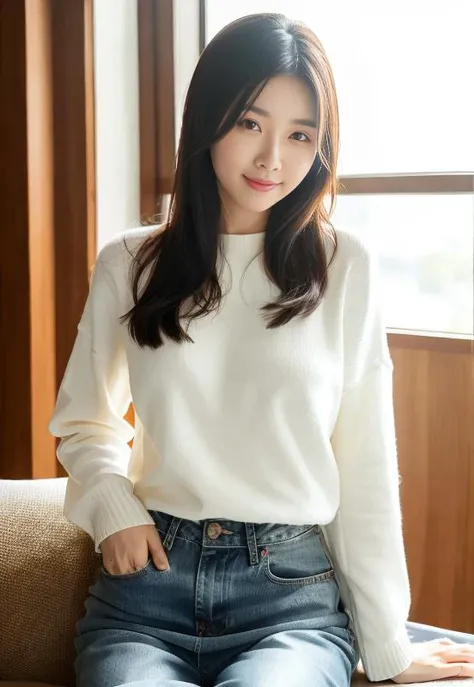 masterpiece,ultra detailed,beautiful female,tareme,white sweater and short skirt,black wavy hair,curvy japanese female,at office,smile,