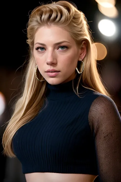 photo of beautiful (k4tw1nn1ck:0.99), a woman as a movie star, turtleneck sweater, jacket, (trousers), freckles, movie premiere gala, dark moody ambience (masterpiece:1.2) (photorealistic:1.2) (bokeh) (best quality) (detailed skin:1.2) (intricate details) (nighttime) (8k) (HDR) (cinematic lighting) (sharp focus), (looking at the camera:1.1), (closeup portrait), (earrings), colorful outfit
