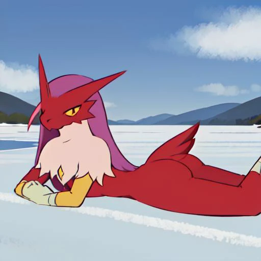 blaziken, blue iris, yellow sclera, neck tuft, chest tuft, crotch, scuted arms, talons, talon hands, talon feet, tail feathers, <lora:blazikenLora_at3V1:0.8>, Beautiful Art Style, 1girl, young woman, looking at viewer, presentable, frozen lakeside, lying on stomach, doll costume, <lora:gamer1-000005:0.8>, anime minimalist, <lora:minimalistAnimeStyle_v10:0.6>