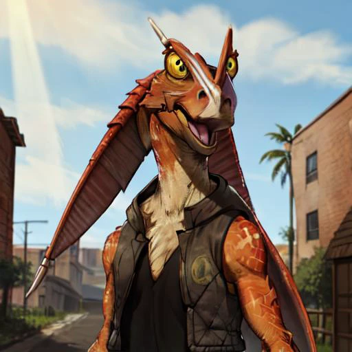 jar jar binks, vest, <lora:jarJarBinksGunganStar_v3:0.6>, Beautiful Art Style, 1girl, young woman, looking at viewer, esthetical, alleyway, bras d'honneur, egyptian costume, blaziken, blue iris, yellow sclera, neck tuft, chest tuft, crotch, scuted arms, talons, talon hands, talon feet, tail feathers, <lora:blazikenLora_at3V1:0.8>, crazy face, crazy eyes, crazy smile, shocked, horrified, scared, small pupils, constricted pupils, <lora:crazyExpressions_crazyExpressions:0.8>