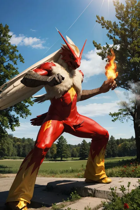 blaziken, male, avian, red body, red feathers, long hair, blonde hair, scuted arms, talons,fighting pose, hand on fire, fire spell,
outside, backyard, trees, blue sky, sunny, changing seasons, summer to fall, extreme detail, hdr, intense detail,
<lora:blaziken_AT3:.8>