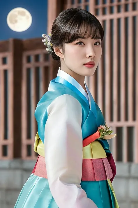((((Yoon)))), ((((bangs)))), <lora:staycYoon_v1:1>, RAW photo,physically-based rendering,(8k, best quality, masterpiece:1.2),(close up shot:1.2),octane render,extremely detailed CG unity 8k wallpaper,rim ligh,dark outdoor,streets,standing,(night,full moon:1.5),(long twist hair:1.2),(a girl is wearing hanbok:1.5),hyper realistic detail shiny skin,ultra detailed,(ultra realistic:1.5),(looking at viewer:1.4),(intricate:1.2),(photorealistic:1.4),1girl,(skinny:1.3),detailed background, <lora:femaleNobleClassHanbok_v10:0.6>, (1girl)