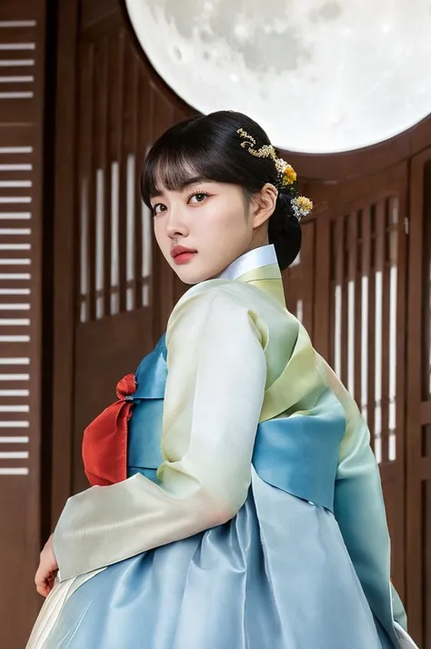((((Yoon)))), ((((bangs)))), <lora:staycYoon_v1:1>, RAW photo,physically-based rendering,(8k, best quality, masterpiece:1.2),(close up shot:1.2),octane render,extremely detailed CG unity 8k wallpaper,rim ligh,dark outdoor,streets,standing,(night,full moon:1.5),(long twist hair:1.2),(a girl is wearing hanbok:1.5),hyper realistic detail shiny skin,ultra detailed,(ultra realistic:1.5),(looking at viewer:1.4),(intricate:1.2),(photorealistic:1.4),1girl,(skinny:1.3),detailed background, <lora:femaleNobleClassHanbok_v10:0.6>, (1girl)