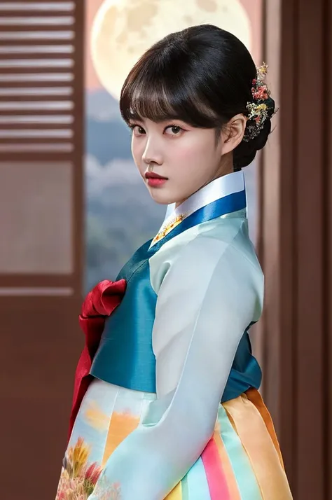 ((((Yoon)))), ((((bangs)))), <lora:staycYoon_v1:1>, RAW photo,physically-based rendering,(8k, best quality, masterpiece:1.2),(close up shot:1.2),octane render,extremely detailed CG unity 8k wallpaper,rim ligh,dark outdoor,streets,standing,(night,full moon:1.5),(long twist hair:1.2),(a girl is wearing hanbok:1.5),hyper realistic detail shiny skin,ultra detailed,(ultra realistic:1.5),(looking at viewer:1.4),(intricate:1.2),(photorealistic:1.4),1girl,(skinny:1.3),detailed background, <lora:femaleNobleClassHanbok_v10:0.6>, (1girl)