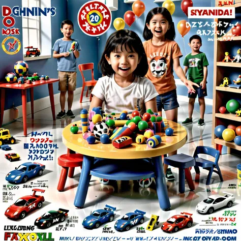 A realistic flyer-style image depicting a table overflowing with toys, surrounded by ecstatic, noisy children. The scene is lively and colorful, capturing the chaotic yet joyful atmosphere typically found in a playroom. The children's expressions are full of excitement and curiosity as they reach for various toys. The flyer design includes eye-catching fonts and vibrant colors, with a playful yet organized layout that highlights special offers or event details. The background is a blurred indoor setting, emphasizing the focus on the children and toys at the forefront ,<lora:jp80:0.75>