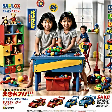 asian,A realistic flyer-style image depicting a table overflowing with toys, surrounded by ecstatic, noisy children. The scene is lively and colorful, capturing the chaotic yet joyful atmosphere typically found in a playroom. The children's expressions are full of excitement and curiosity as they reach for various toys. The flyer design includes eye-catching fonts and vibrant colors, with a playful yet organized layout that highlights special offers or event details. The background is a blurred indoor setting, emphasizing the focus on the children and toys at the forefront ,<lora:jp80:0.75>
