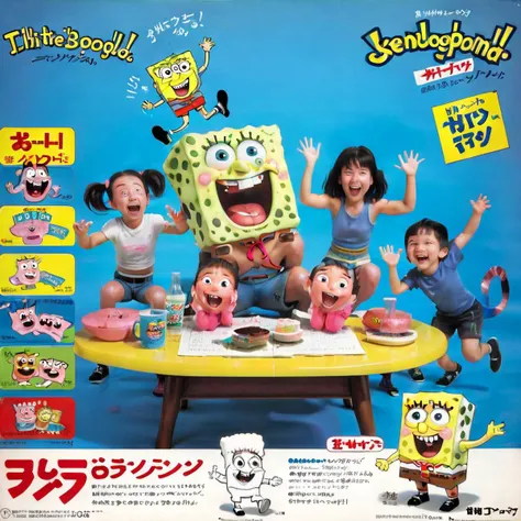 A realistic style image featuring a group of children gathered around a table, bursting into fits of wild laughter. On the table sits a SpongeBob SquarePants toy, prominently displayed among them. The children's expressions are filled with genuine joy and amusement, their eyes bright and cheeks raised in laughter. The room is brightly lit, emphasizing the lively and happy atmosphere of the scene ,<lora:jp80:0.8>