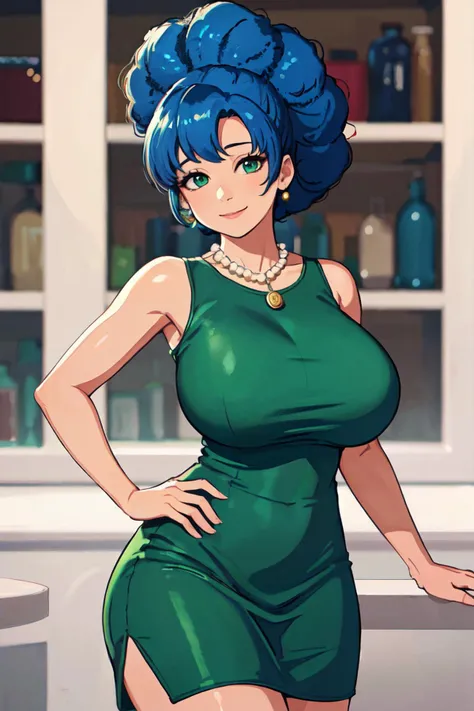 (best quality, masterpiece, RAW photo,ultra-detailed:1.2), <lyco:GoodHands-beta2:1.0>,1girl,solo,looking at viewer,smile, 30yo,
<lyco:margev3:0.3>marge simpson, blue hair, huge breasts,afro hair, green bodycon dress,beehive hairstyle,Curls Blue Tower Hairstyle , red necklace,cowboy shot,