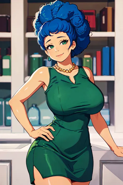 (best quality, masterpiece, RAW photo,ultra-detailed:1.2), <lyco:GoodHands-beta2:1.0>,1girl,solo,looking at viewer,smile, 30yo,
<lyco:margev3:0.4>marge simpson, blue hair, huge breasts,afro hair, green bodycon dress,beehive hairstyle,Curls Blue Tower Hairstyle , red necklace,cowboy shot,
