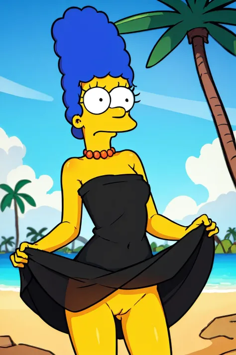 (masterpiece, best quality:1.3), 1girl, marge simpson, looking at viewer, solo, (yellow skin:1.2), embarrassed, medium breasts, bare shoulders, dot eyes, black eyes, voluminous blue hair, standing, (upper body:1.1), pussy, earrings, black dress, dress lift, clothes lift, outdoors, palm tree, sand, beach, (detailed, highres:1.4) <lora:Function_Good.Hands:1> <lora:Concept_Skirt.Lift:0.8> skirtlift, <lora:Style_The.Simpsons:0.9> <lora:Character_The.Simpsons_Marge.Simpson:0.8>