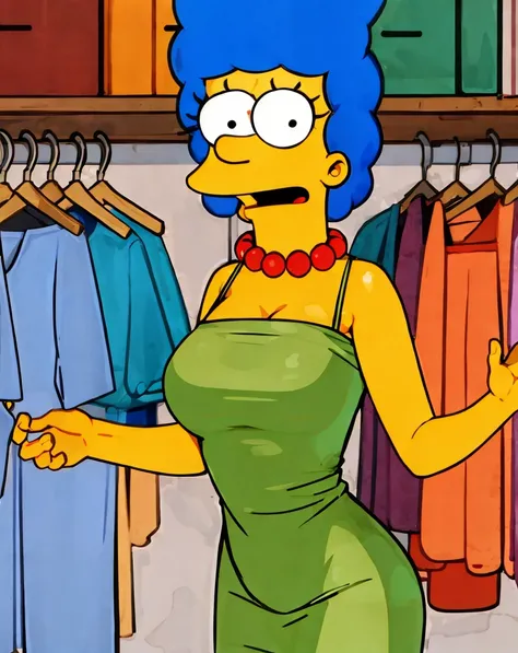 fonglets_marge_simpson, green dress, blue hair, afro, red necklace, large breasts, clothes pull, dress pull, assisted exposure, clothes grab, green dress, <lora:margev3:1>