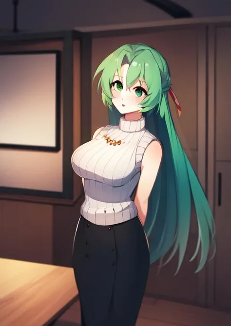(masterpiece, best quality:1.2), extremely detailed, soft ambient lighting, sharp focus, 4K, BREAK <lora:SonozakiShion:1>, 1girl, solo, green eyes, green hair, long hair, yellow hair ribbon, sleeveless turtleneck, jewelry, sweater, black buttoned skirt, bare arms, BREAK indoors, standing, looking at viewer