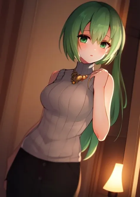 (masterpiece, best quality:1.2), extremely detailed, soft ambient lighting, sharp focus, 4K, BREAK <lora:SonozakiShion:1>, 1girl, solo, green eyes, green hair, long hair, yellow hair ribbon, sleeveless turtleneck, jewelry, sweater, black buttoned skirt, bare arms