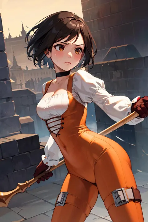 masterpiece, best quality, highres, 1girl, aagarnet, short hair, brown eyes, choker, orange bodysuit, puffy sleeves, long sleeves, gloves, <lora:garnet_til_alexandros_xvii_v1:0.7>, holding weapon, staff, frown, sweat, fighting stance, dungeon,