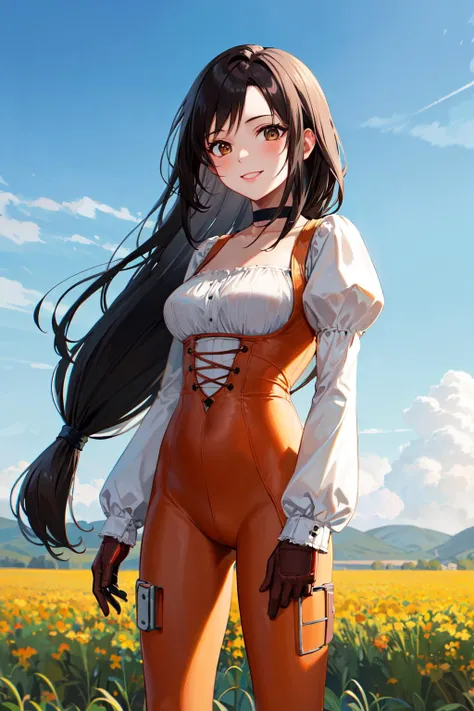masterpiece, best quality, highres, 1girl, aagarnet, (low-tied long hair:1.2), brown eyes, choker, orange bodysuit, puffy sleeves, long sleeves, gloves, <lora:garnet_til_alexandros_xvii_v1:0.7>, outdoors, field, blue sky, standing, cowboy shot, smile, looking at viewer,