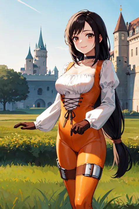 masterpiece, best quality, highres, 1girl, aagarnet, (low-tied long hair:1.2), brown eyes, choker, orange bodysuit, puffy sleeves, long sleeves, gloves, <lora:garnet_til_alexandros_xvii_v1:0.7>, outdoors, field, blue sky, castle, standing, cowboy shot, smile, looking at viewer,