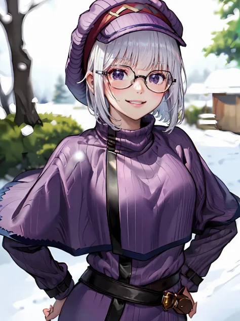 (extremely detailed fine touch:1.2), (ray tracing:1.2), masterpiece, best quality, highly quality perfect face, shiny skin, lustrous skin, <lora:Morfonia-10:0.8> morfonia, hat, glasses, short hair, bangs, grey hair,belt, purple eyes, sweater, purple headwear, capelet, blunt bangs, purple dress, black-framed eyewear, coat, pinstripe pattern, purple sweater, snow background, snowing, outdoors, smile, hands on hips,solo,1girl