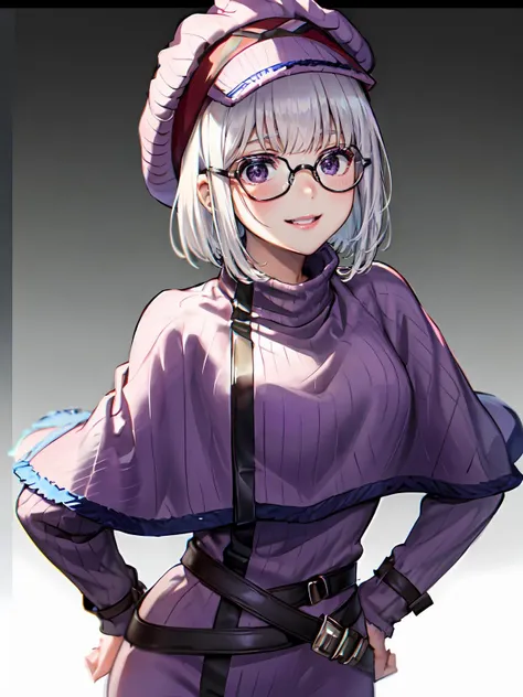(extremely detailed fine touch:1.2), (ray tracing:1.2), masterpiece, best quality, highly quality perfect face, shiny skin, lustrous skin, <lora:Morfonia-10:0.8> morfonia, hat, glasses, short hair, bangs, grey hair,belt, purple eyes, sweater, purple headwear, capelet, blunt bangs, purple dress, black-framed eyewear, coat, pinstripe pattern, purple sweater, snow background, snowing, outdoors, smile, hands on hips,solo,1girl