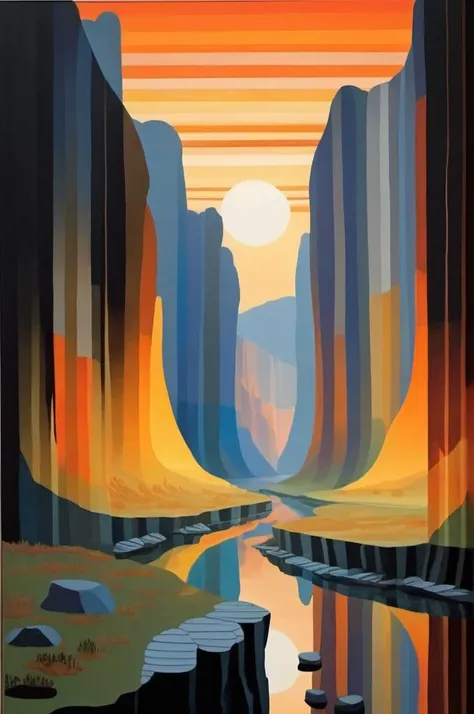 <lora:Yaacov Agam Style:1> Yaacov Agam Style, swamp valley surrounded by high rocky cliffs, dawn,