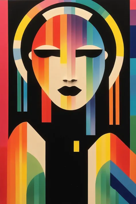 <lora:Yaacov Agam Style:1>Yaacov Agam Style - 80s Art Deco. Postmodern 80s decor. Retro. Gemini symbolism. Rainbow and black color palette