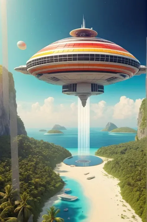 <lora:Yaacov Agam Style:1> Yaacov Agam Style,  huge square spaceship landing on top of (paradise island:1.3),sunny day, space opera,