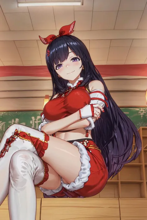 1girl, breasts, long hair,blush,pov,(smile:1.5),(from below:1.5),pov,ahegao,purple eyes,midriff, short shorts,red skirt,sitting, (breast hold:1.5) , (crossed legs:1.5),white thighhighs, <lora:Bella:0.7>