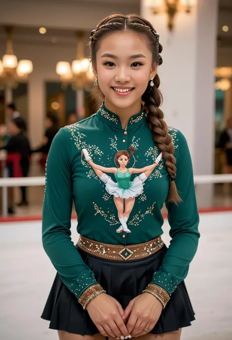 (medium full shot) of (graceful ice skater) young woman, chinese, tan skin, light brown eyes, slender build, long hazel double braids hair, wearing a emerald green vintage skating shirt with graphic print, pleated skating skirt, rhinestone-studded skates, eyeliner, stylish earmuffs, set in a prestigious championship, featuring luxurious decor, elegant seating, sophisticated ambiance, artistic props, and chic banners, during sunset, woman smiling, ,Masterpiece,best quality, photo, realistic, very aesthetic, detailed face,