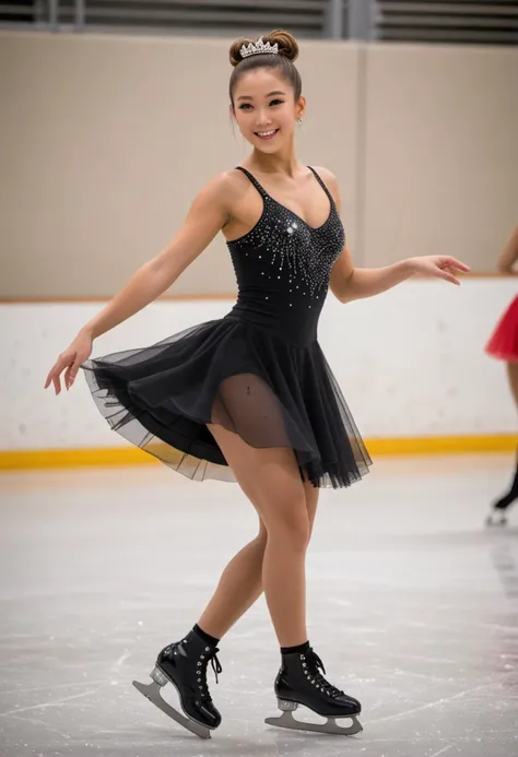 masterpiece, reality, 4k, (medium full shot) of (polished ice skater) young woman, japanese, tan skin, hazel eyes, busty build, extra long hazel messy bun hair, wearing a black skater dress , rhinestone-studded skates, eyeshadow, rhinestone tiara, set in a professional rehearsal, offering sleek workstations, modern seating, organized storage for costumes, sophisticated practice stations, and stylish decor, woman smiling