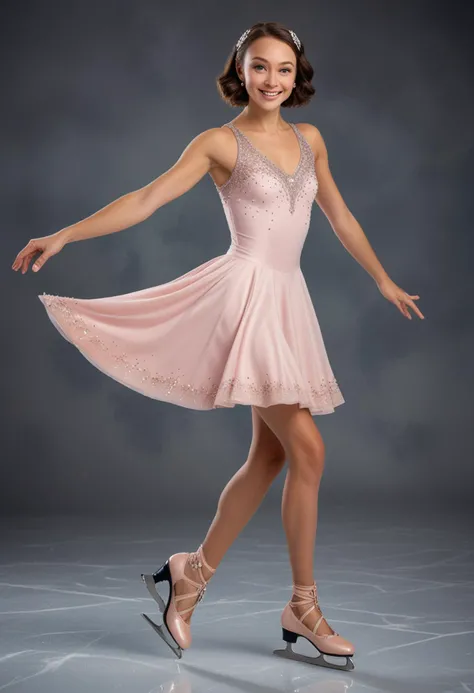 (medium full shot) of (athletic ice skater) young woman, russian, tan skin, dark Blue eyes, tiny build, extra long hazel inverted bob hair, wearing a light pink designer skating gown with chic patterns , velvet skates with pointed toe, eyeliner, crystal brooch, set in , woman smiling, Masterpiece,best quality, photo, realistic, very aesthetic, detailed face,