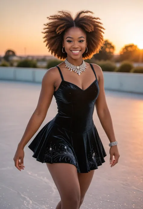 masterpiece, reality, 4k, (medium full shot) of (elegant ice skater) young woman, south african, dark skin, black eyes, voluptuous build, long ginger afro hair, wearing a black velvet skating dress with intricate detailing , silver skates with stylish accents, eyeshadow, crystal brooch,  set in  , during sunset, woman smiling