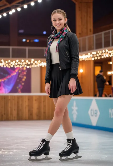 masterpiece, reality, 4k, (medium full shot) of (polished ice skater) young woman, philippine, fair skin, light brown eyes, willowy build, short dark dutch braid hair, wearing a black fitted jacket, tailored skirt with bold patterns, white skates with stylish accents, eyeliner, silk scarf, set in a vibrant ice rink, with colorful lighting, modern seating, an innovative rink setup, trendy lounge areas, and contemporary decor, at night, woman smiling