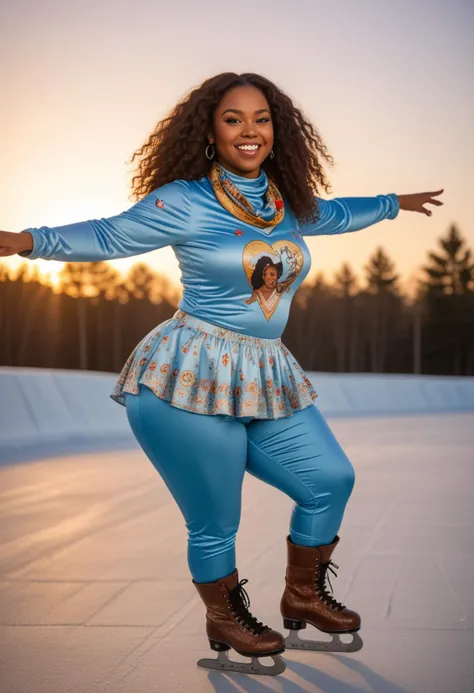 (medium full shot) of (radiant ice skater) young woman, african, dark skin, black eyes, full-figured build, long brown layered cut hair, wearing a ice blue vintage skating shirt with graphic print, velvet pants , vintage skates with unique designs, shimmering lip gloss, silk scarf, set in , during sunset, woman smiling, Masterpiece,best quality, photo, realistic, very aesthetic, detailed face,