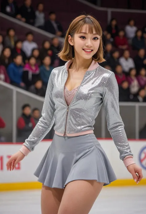 masterpiece, reality, 4k, (medium full shot) of (elegant ice skater) young woman, korean, light skin, brown eyes, busty build, short hazel side-swept bangs hair, wearing a pastel gray sparkly jacket, high-waisted skating skirt, custom skates with unique designs, eyeshadow, wearing glittering wristbands, set in a modern championship, with sleek furniture, minimalist design, contemporary touches, artistic decor, and stylish seating arrangements, woman smiling
