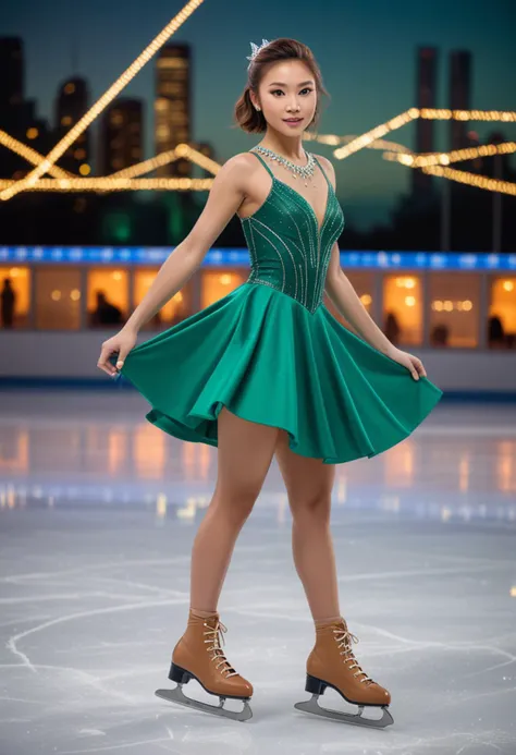 (medium full shot) of (graceful ice skater) young woman, chinese, tan skin, brown eyes, tiny build, long hazel french twist hair, wearing a emerald green a-line dress , custom skates with unique designs, eyeshadow, crystal brooch, set in a futuristic ice rink, with neon lights, contemporary seating, high-tech ice surface, geometric decor, and futuristic side tables, during sunset, woman smiling, Masterpiece,best quality, photo, realistic, very aesthetic, detailed face,