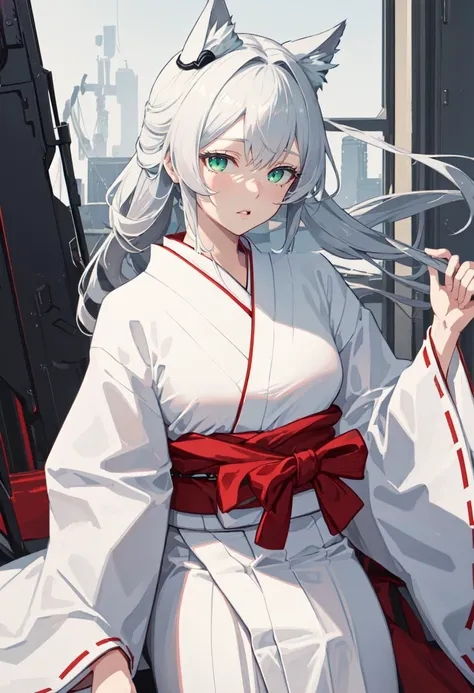 best quality, masterpiece, highres, solo, (rosmontis_arknights:1.10), (white kimono:1.35), (red hakama:1.35), (wide sleeves:1.20), 21 <lora:rosmontis_arknights:0.80>