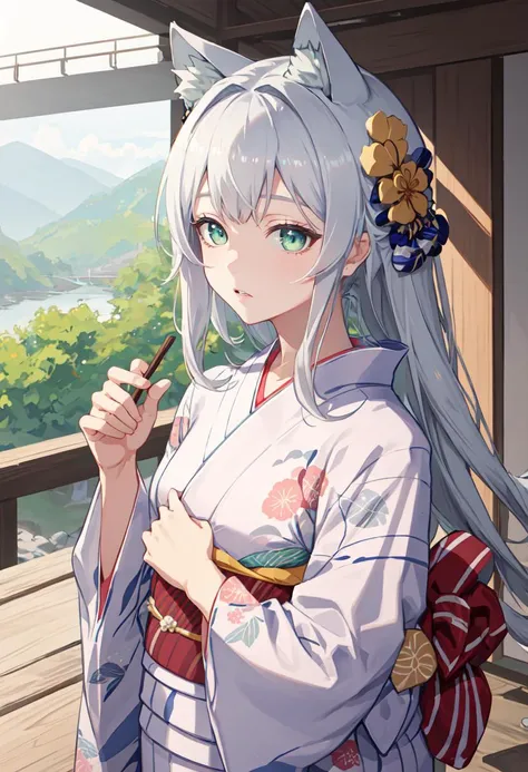 best quality, masterpiece, highres, solo, (rosmontis_arknights:1.10), (yukata:1.30), (kimono:1.15), 22 <lora:rosmontis_arknights:0.80>