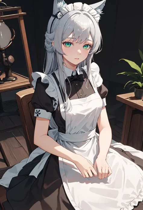 masterpiece, Highest quality, High resolution，Anime Style、Silver Hair、Wolf ears and thick tail、length、Maid clothes、