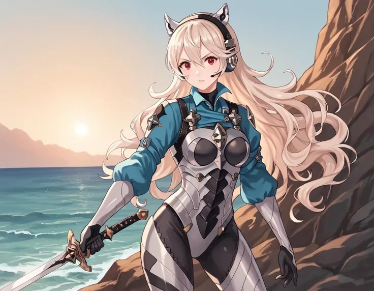 score_9, score_8_up, score_7_up, <lora:EPfeCorrinPony:0.8> EPfeCorrin, long hair, blonde, red eyes, <lora:EPalicebodysuit:0.8> ,  EPalicebodysuit, wearing EPalicebodysuit, armoured silver bodysuit, blue shrug \(clothing\), breast pocket, elbow strap, shoulder strap, multicolored gloves,animal ear headphones, sleeves past wrists, looking at viewer, action pose, cinematic shot, volumetric lighting, looking at viewer, holding sword, determined, on cliffside, ocean in background,