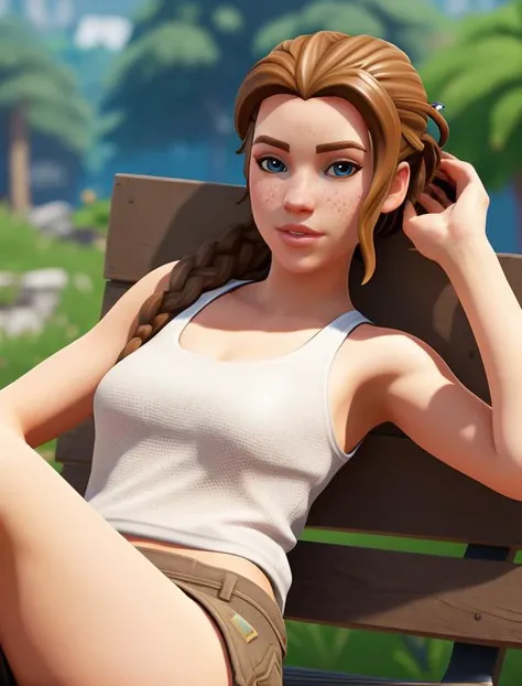 1girl, girl in a white tank top siting on a bench, hand, palm, fingers, rosy cheeks with freckles, unreal engine 5 quality render, good cinematic lighting, camp half-blood, high details on clothes, realism in style of fornite game, with dark brown hair, cute freckles, lynx, interesting character design, inspired by Clark Voorhees <lora:Haven_V2:0.6>, (intricate details:1.3), hdr, intricate details, hyperdetailed