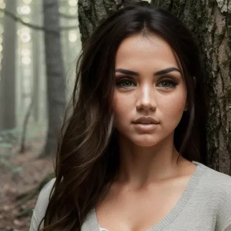 Picture, best quality, a woman in forest at sunrise, photo of beautiful AA<lora:AA:1.0>, casual, brown eyes, looking at viewer, perfect face, perfect eyes, sharp focus, Intricate, High Detail, dramatic, photorealistic,