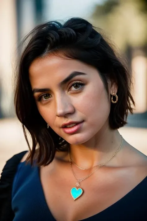 Realistic photo of a beautiful 4n4d34rm4s-v2 woman, 1girl, solo, breasts, looking at viewer, short hair, simple background, black hair, bare shoulders, brown eyes, jewelry, upper body, heart, parted lips, teeth, necklace, mole, lips, mole under eye, blue background, realistic, nose, biting, heart necklace, soft lighting, professional Photography, Photorealistic, detailed, RAW, analog, sharp focus, 8k, HD, DSLR, high quality, Fujifilm XT3, film grain, award winning, masterpiece<lora:4n4d34rm4s-v2:1.0>
