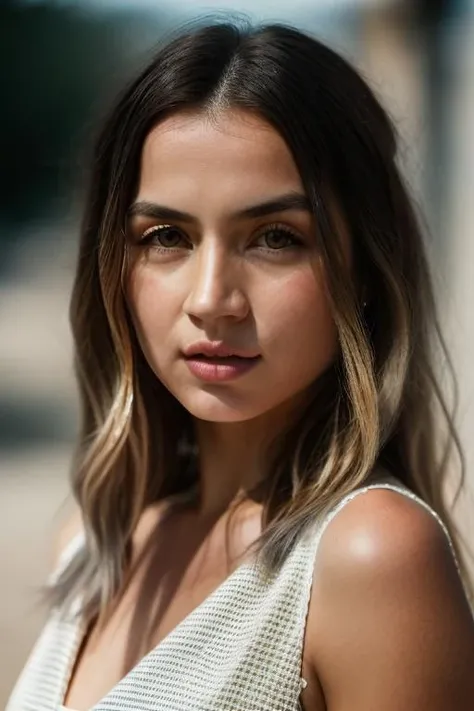 Realistic photo of a beautiful 4n4d34rm4s-v2 woman,  1girl, solo, long hair, breasts, looking at viewer, blonde hair, simple background, brown hair, dress, bare shoulders, brown eyes, upper body, sleeveless, grey background, white dress, lips, gradient background, realistic, nose, soft lighting, professional Photography, Photorealistic, detailed, RAW, analog, sharp focus, 8k, HD, DSLR, high quality, Fujifilm XT3, film grain, award winning, masterpiece<lora:4n4d34rm4s-v2:1.0>