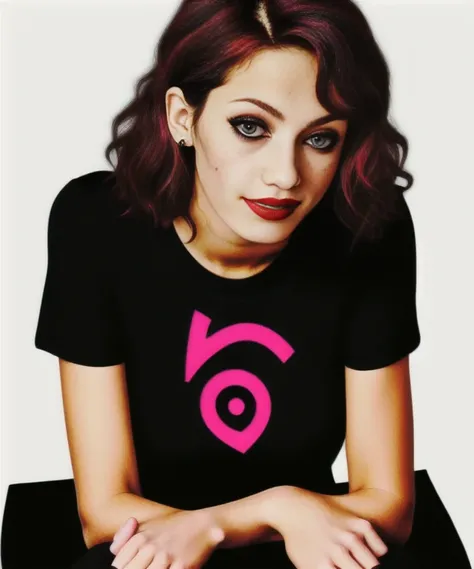 a yearbook portrait a skinny attractive jewish junemodel woman is sitting posing for a photo, black logo t-shirt, curly blonde hair, face closeup, freckles, blush,