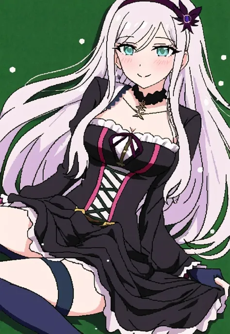 danganronpa_(series) danganronpa_v3:_killing_harmony huyandere high_resolution 1girl alternative_costume black_dress black_gloves black_hairband black_hair_ornament black_legwear black_pantyhose breasts bug clothing dress female frills gloves green_eyes hairband hair_ornament hair_over_one_eye jewelry legwear long_sleeves looking_to_the_side medium_breasts pantyhose short_hair silk solo spider spider_web walking down the street,