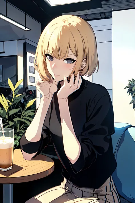 ((masterpiece:1.2, best quality)), 1girl, short hair, blonde hair, upper body, looking at viewer, pants, plants, daytime, korean streetwear, cafe, sitting at a table, casual style, cyberpunk style, (black shirt:1.3), beige checkered skirt, casual wear, white sneaker, people in background, highly-detailed, perfect face, dynamic pose, <lora:cha_hae_in_t-000006:0.7>