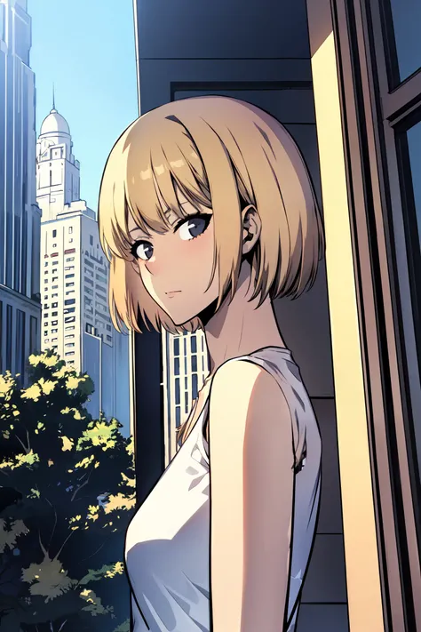 ((masterpiece:1.2, best quality)), 1girl, short hair, blonde hair, upper body, looking at viewer, straight <lora:cha_hae_in_t:0.7>, city, daytime, skyscrapers