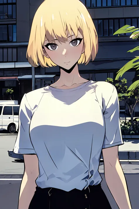 ((masterpiece:1.2, best quality)), 1girl, short hair, blonde hair, upper body, looking at viewer, pants, plants, city, daytime, korean streetwear, street, casual style, cyberpunk style, black office shirt, checkered skirt, casual wear, white sneaker, people in background, highly-detailed, perfect face, dynamic pose, <lora:cha_hae_in_t-000006:0.7>