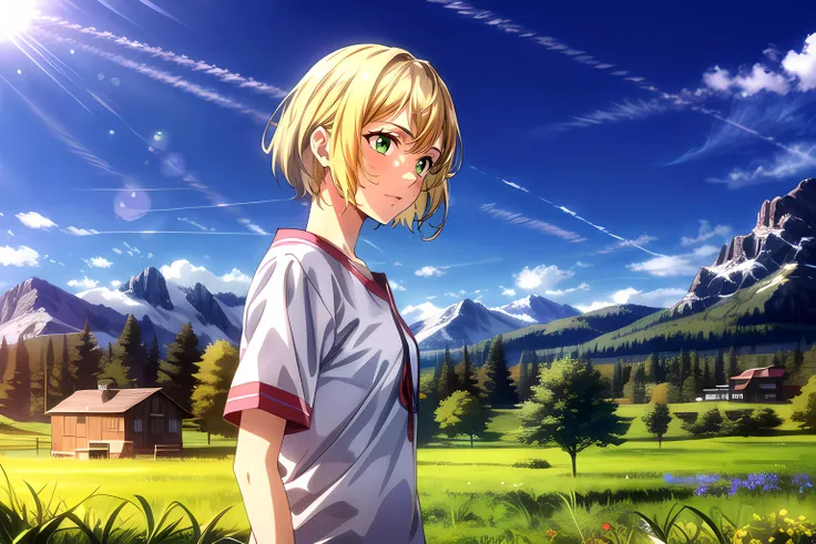 1girl, blonde hair, green eyes, short sleeves, house, mountain, blue sky, sunlight