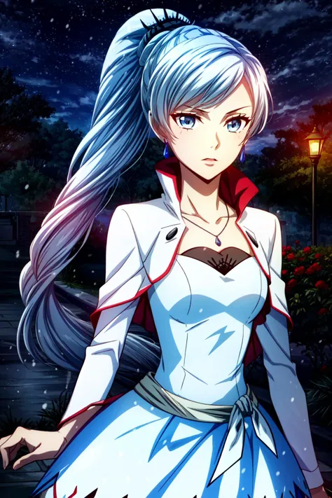 masterpiece,best quality,CG,wallpaper,HDR,high quality,high-definition,extremely detailed,(1girl), <lora:rwby_weissschnee:1>,(weiss schnee from RWBY), (blue eyes),weissvale, ponytail, white dress, jewelry, necklace, earrings, outdoors,night