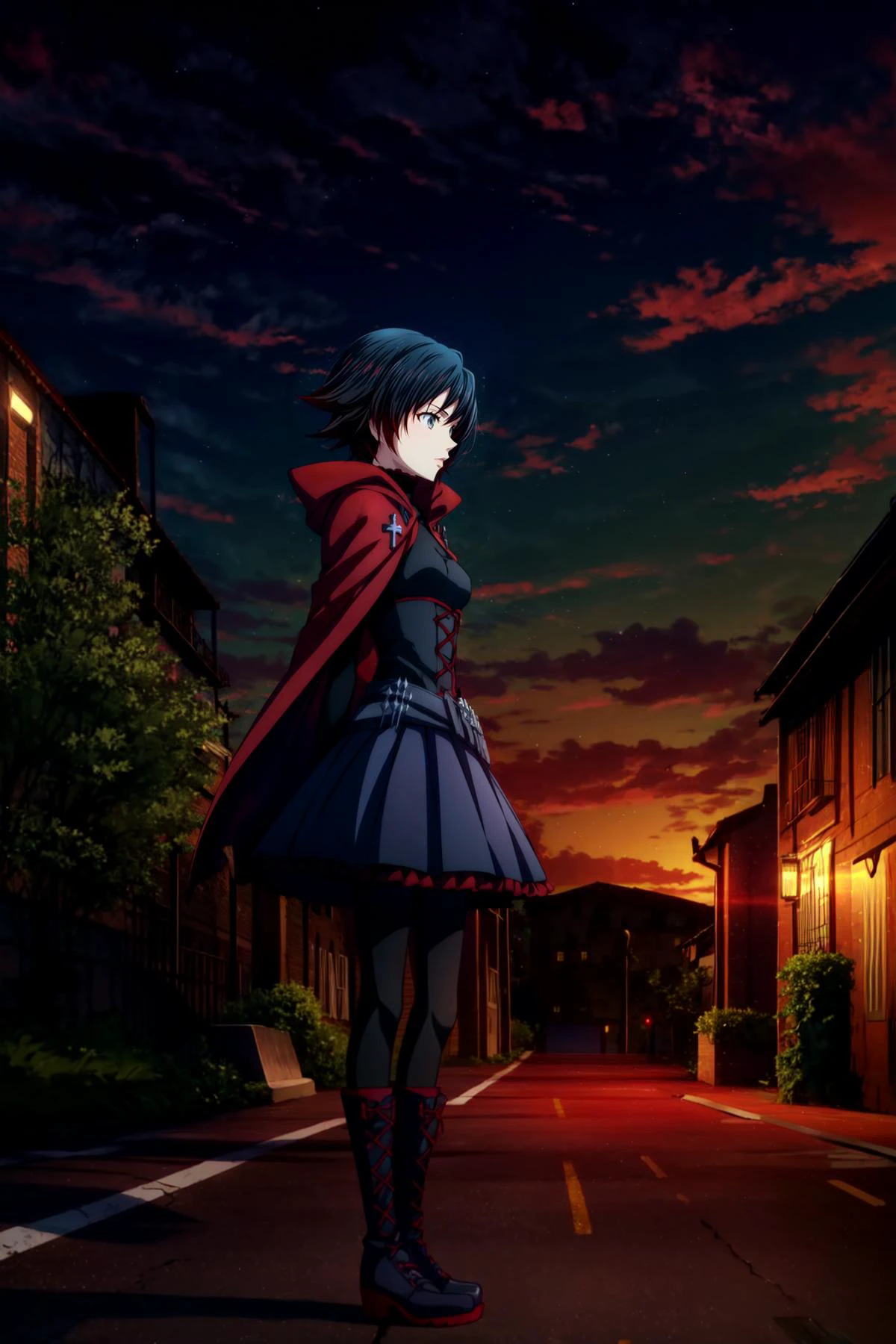 masterpiece,best quality,extremely detailed,(1girl), <lora:rwby_rose:1>,(Ruby Rose from RWBY), grey eyes,black hair, (medium breasts),black pantyhose, red cape, black dress, long sleeves, outdoors, night, boots